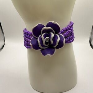 Purple & White Flower Women's Stretch Bracelet Polymer Clay Multi-Strand Beads